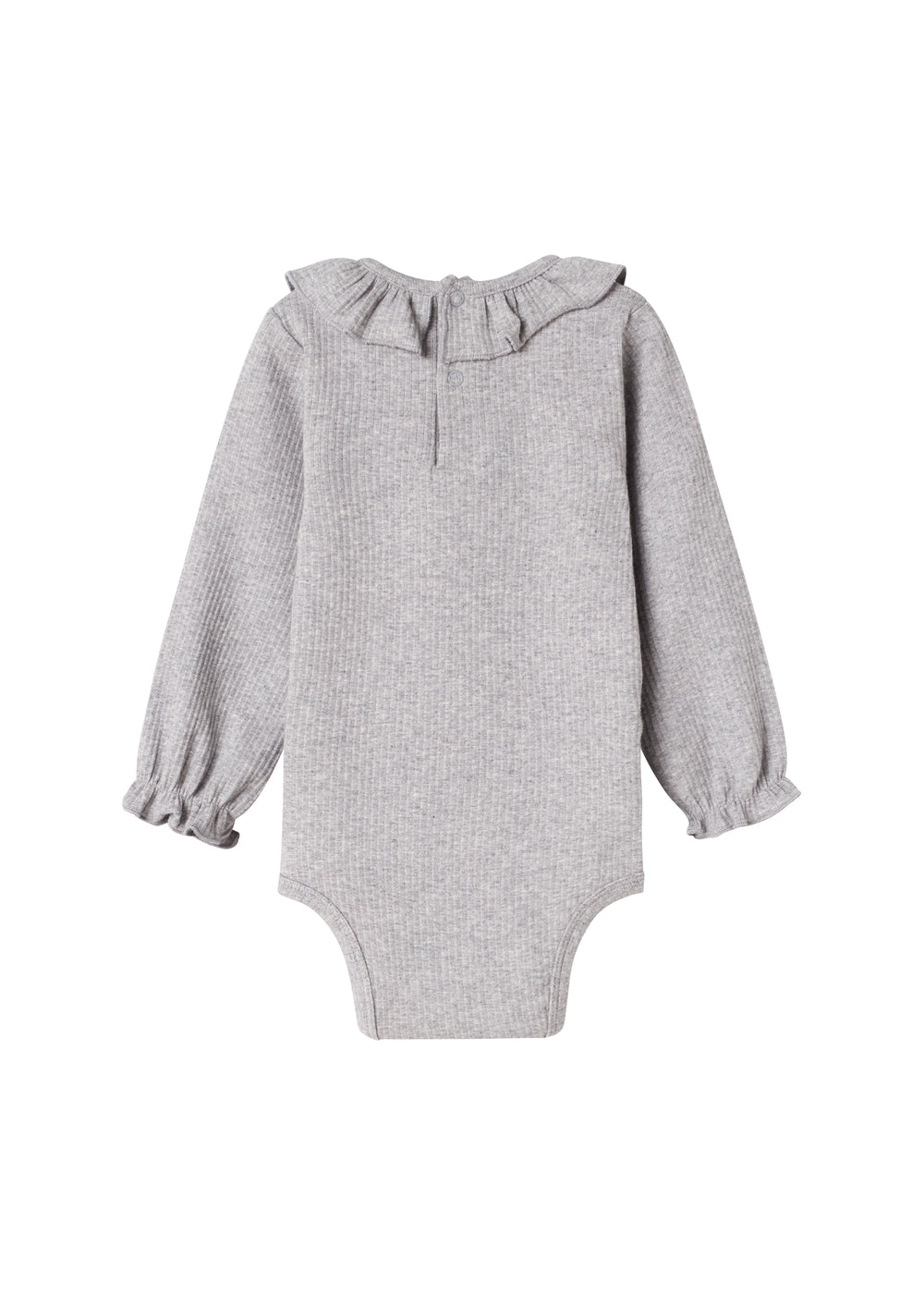 Lysegrå ribbet body med lange ærmer og flæsekrave til baby
