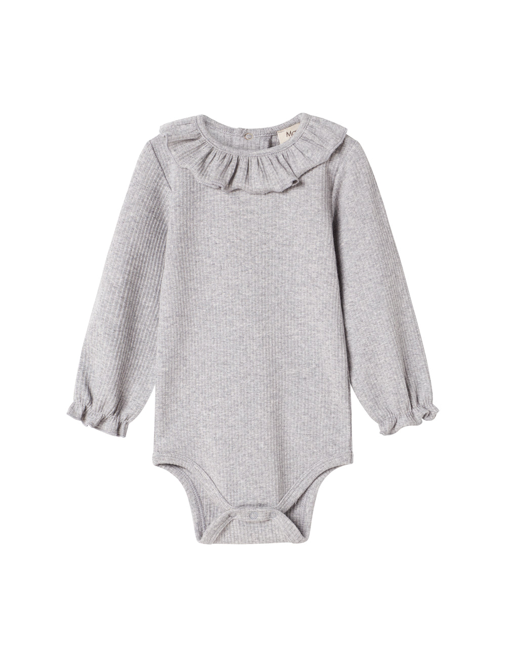 Lysegrå ribbet krop med lange ærmer og flæsekrave til baby