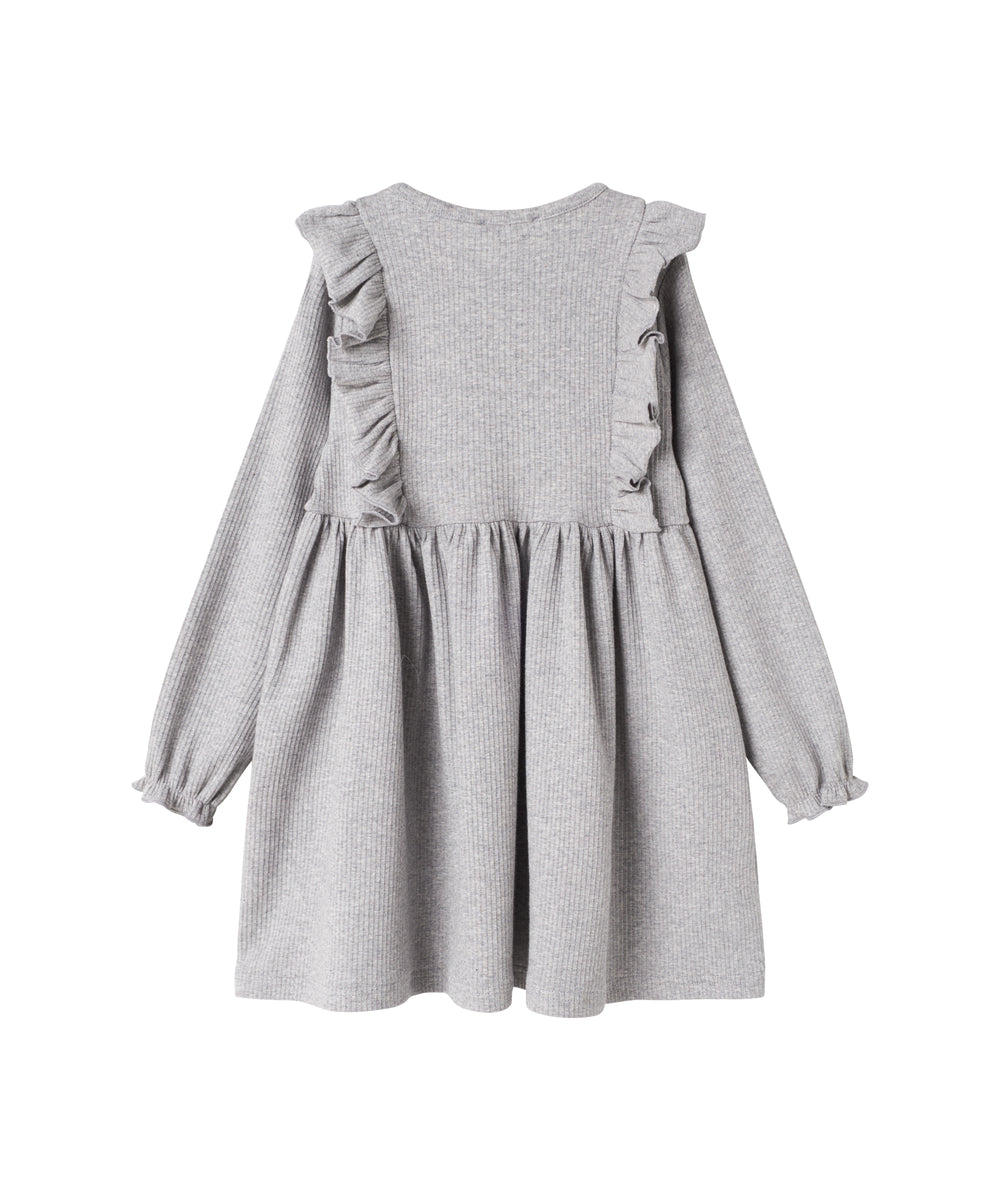 Grå ribstrikket kjole med flæser på skuldrene til børn