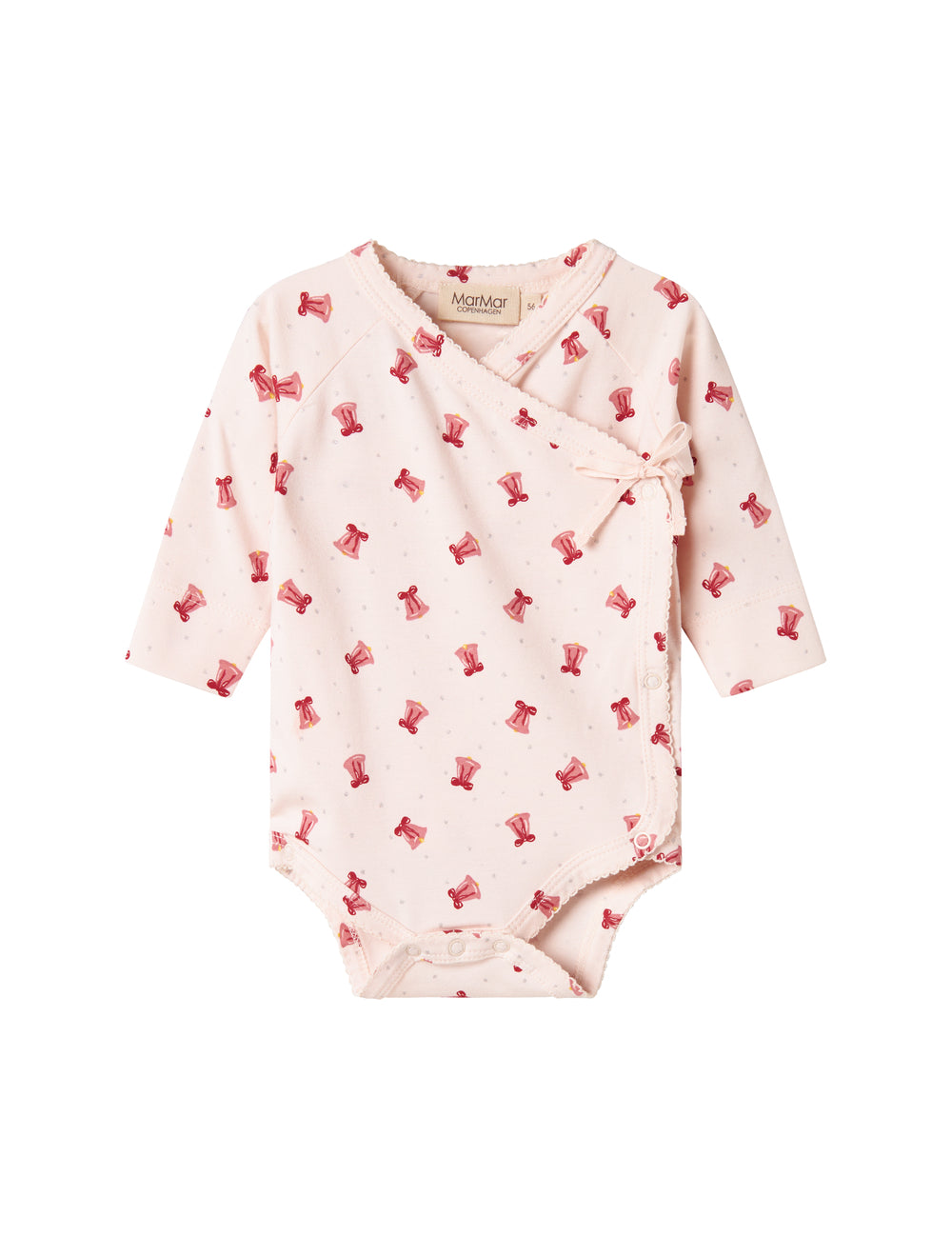 Baby wrap bodysuit with red Christmas bell print