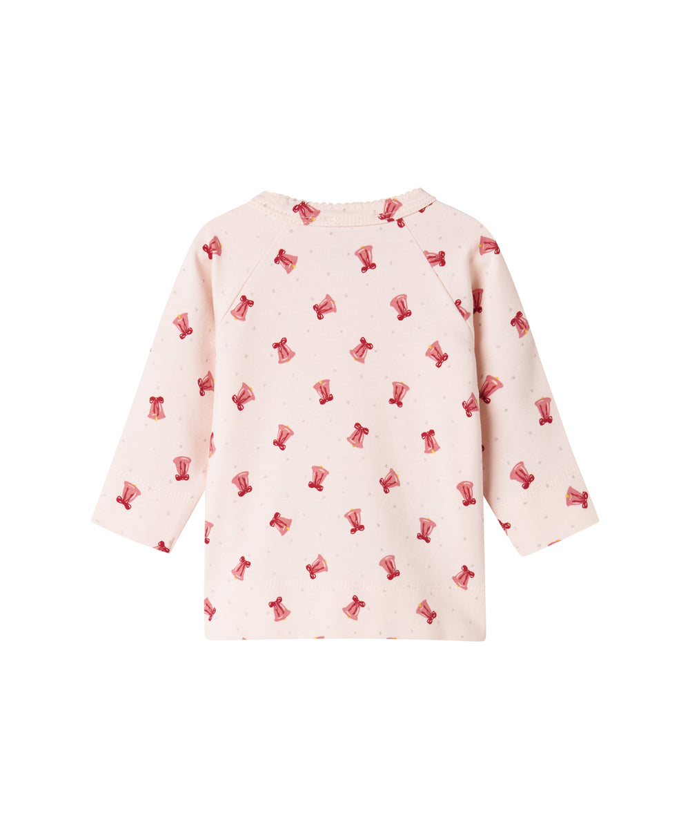 slå-om bluse med rødt juleklokkeprint til nyfødt