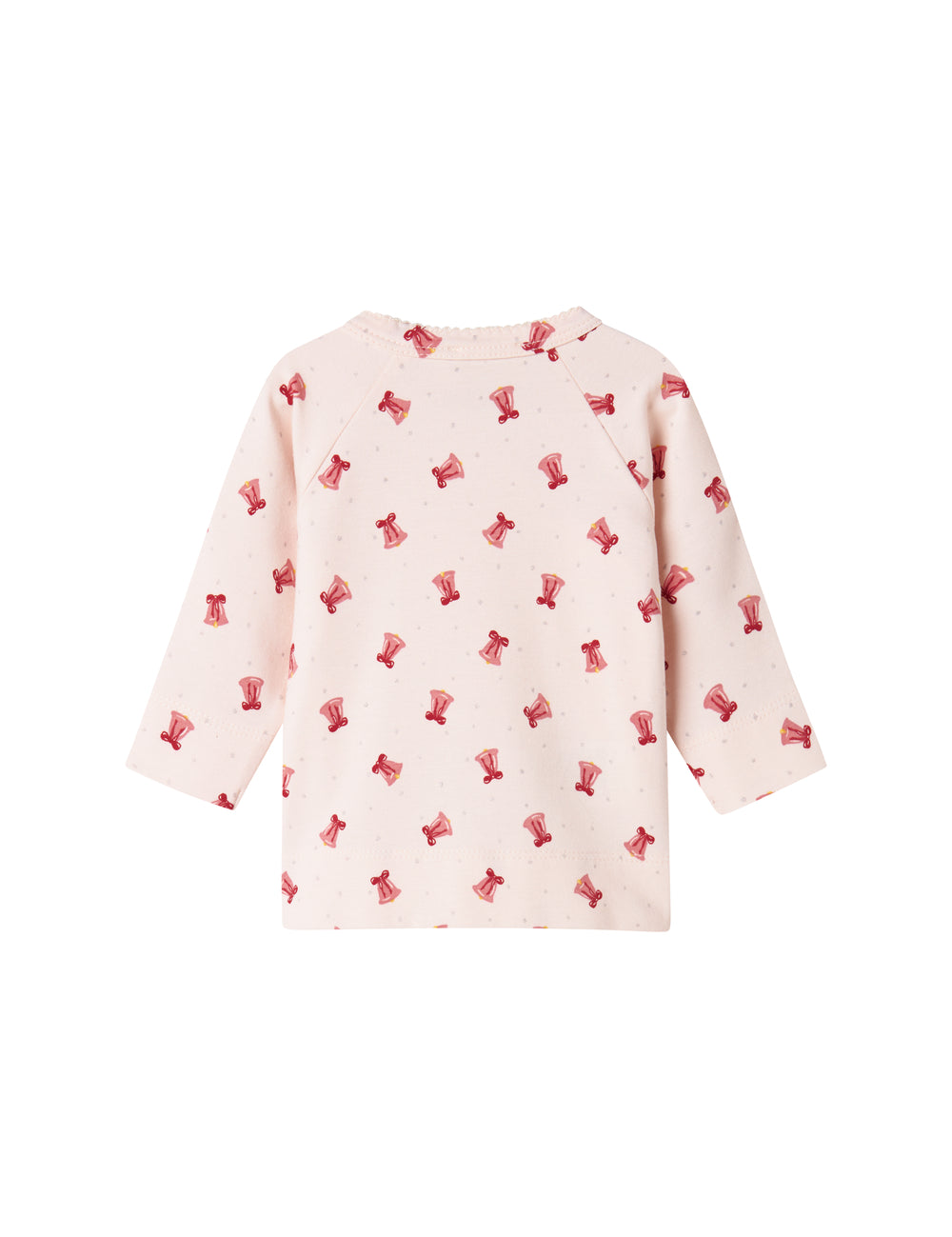 slå-om bluse med rødt juleklokkeprint til nyfødt