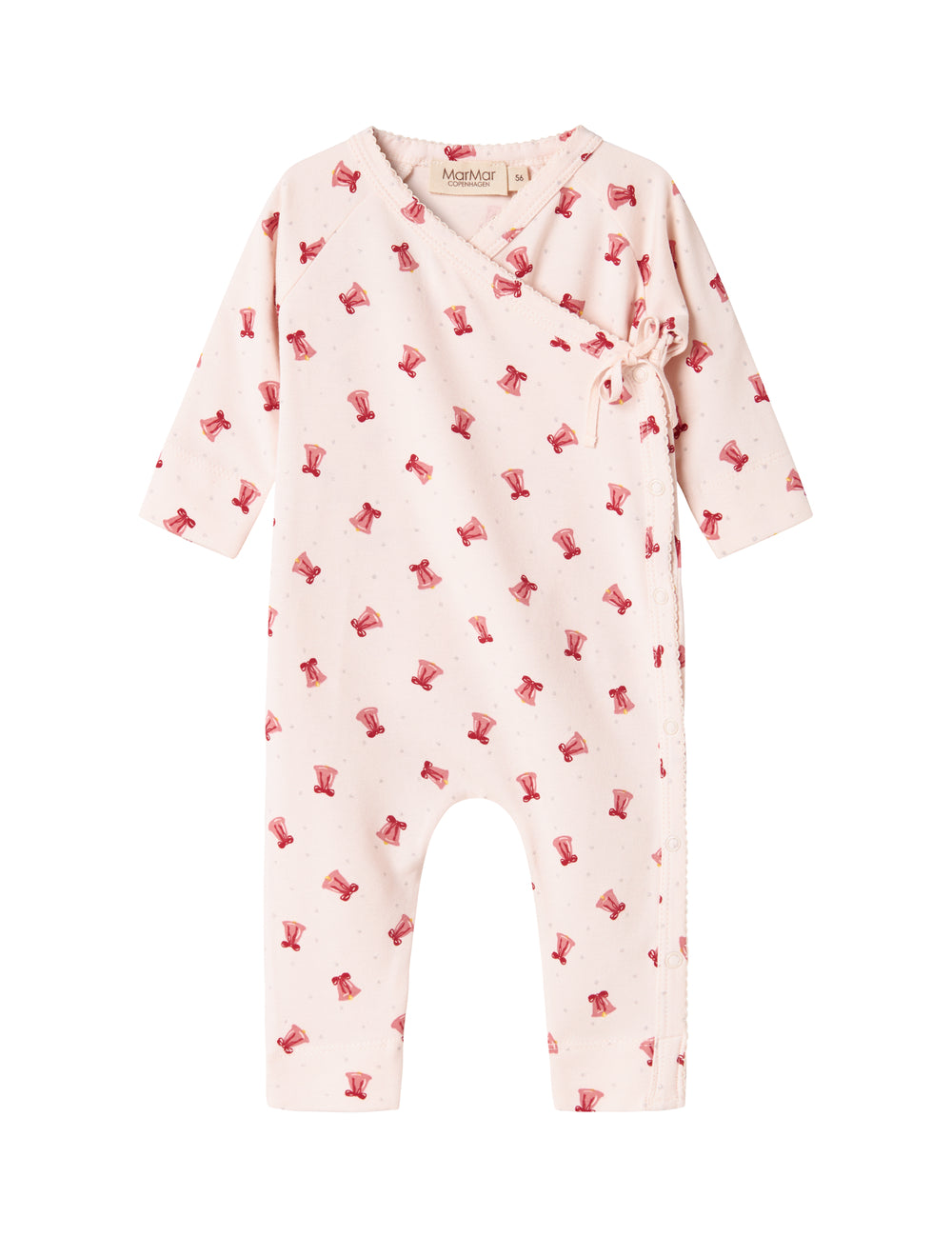 Baby jumpsuit with wrap closure and Christmas bell pattern