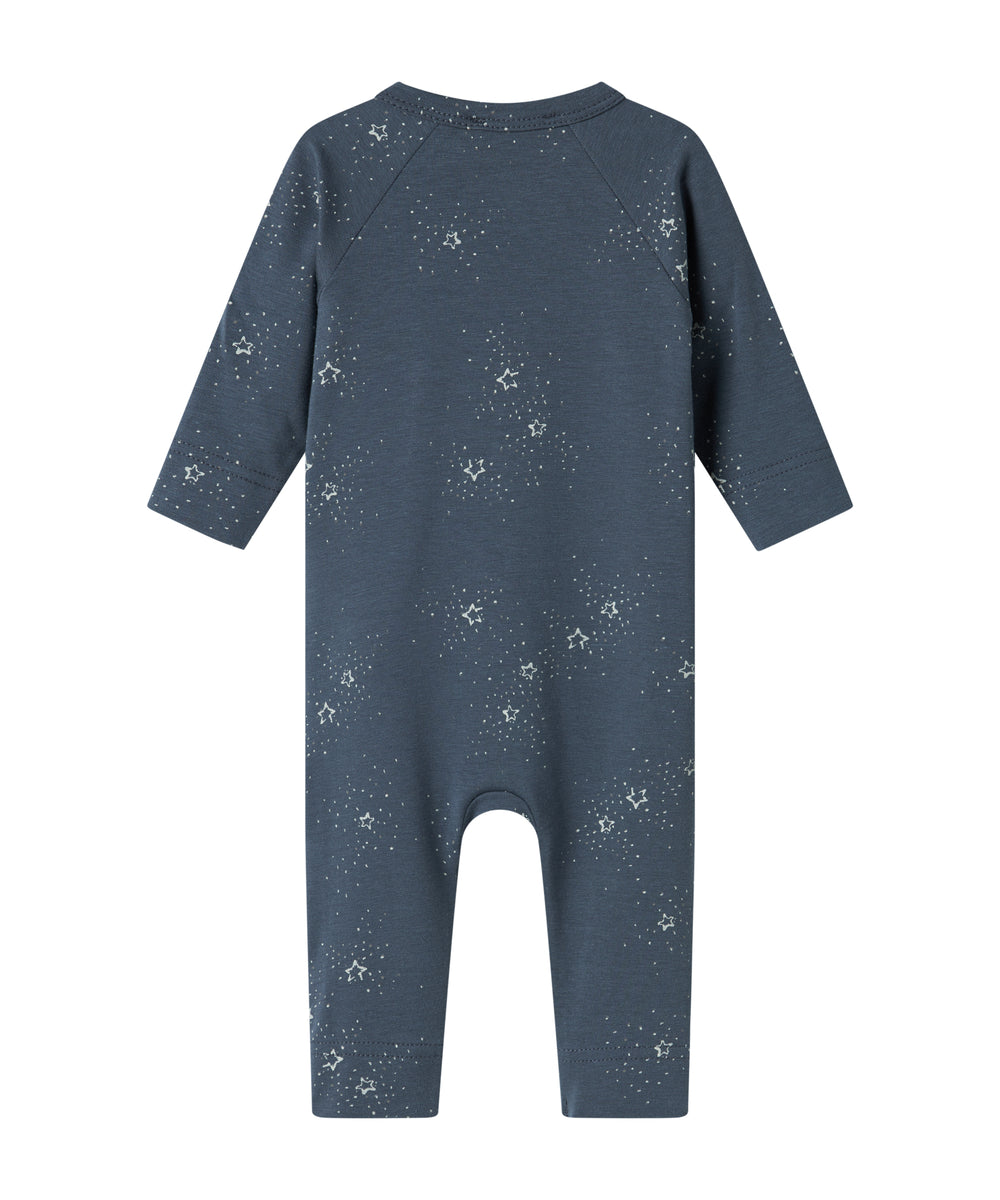Mørkeblå heldragt med slå-om lukning og stjerneprint til baby
