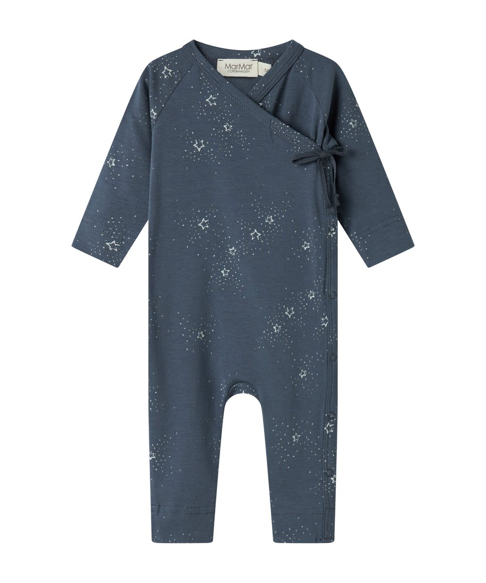 Mørkeblå heldragt med slå-om lukning og stjerneprint til baby