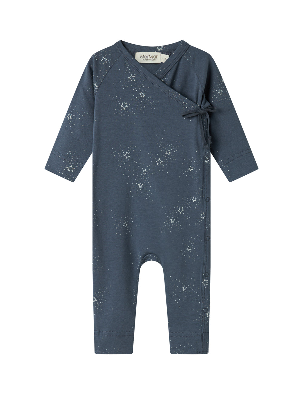 Dark blue baby jumpsuit with wrap closure and star print