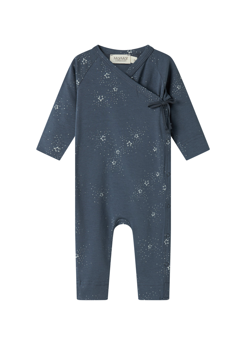 Mørkeblå heldragt med slå-om lukning og stjerneprint til baby