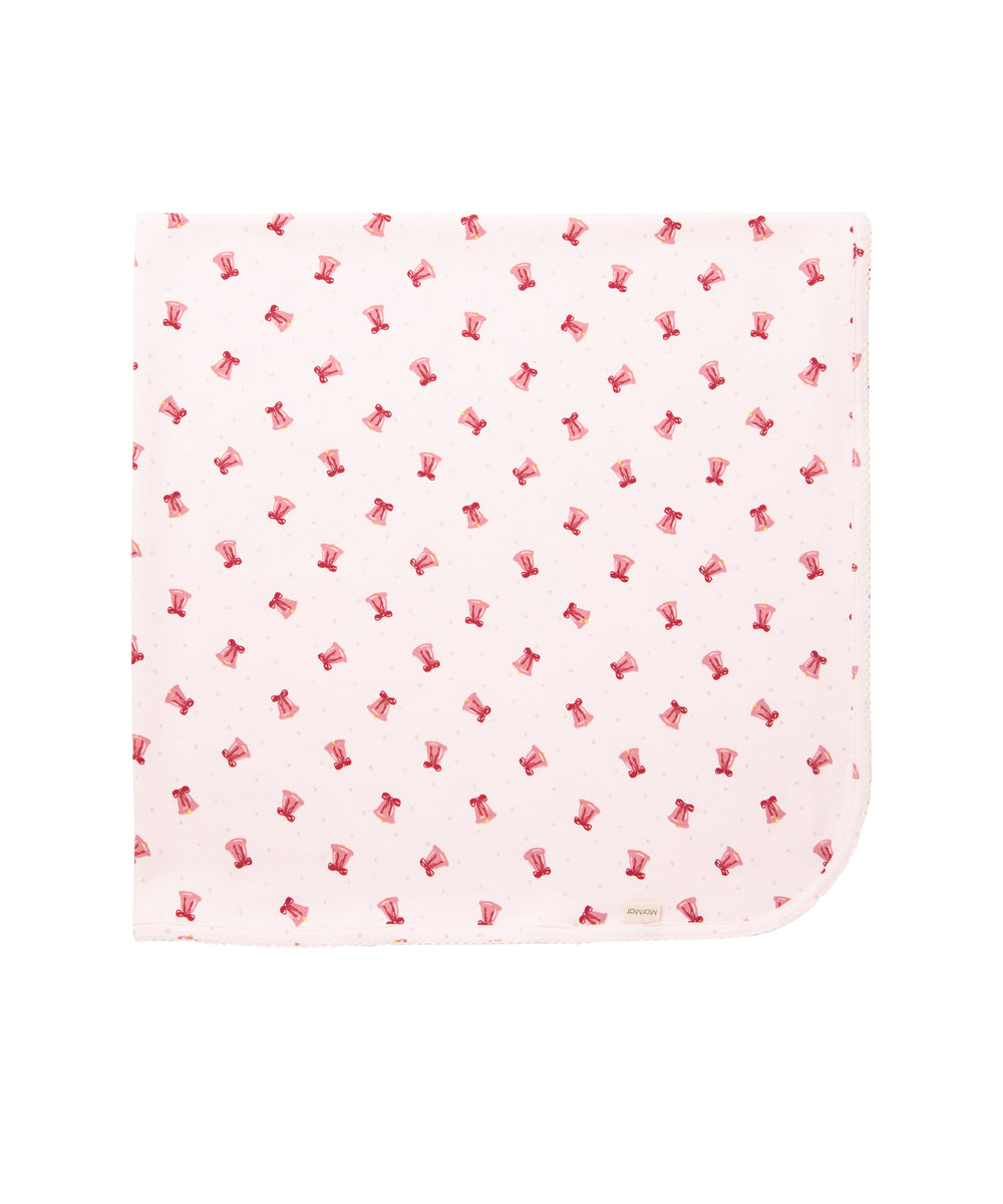 Cremefarvet babytæppe med røde juleklokker