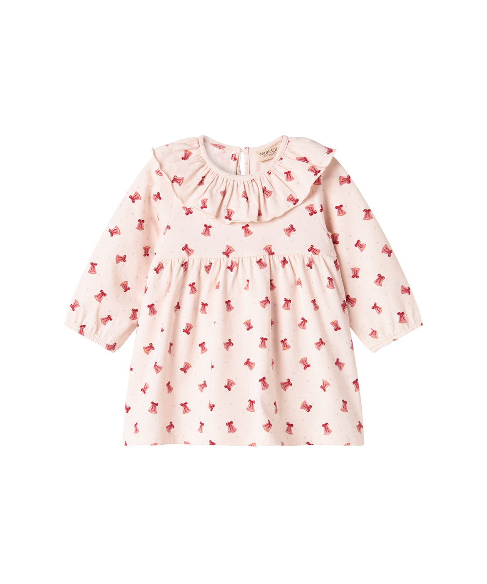 Cremefarvet kjole med røde juleklokker til baby