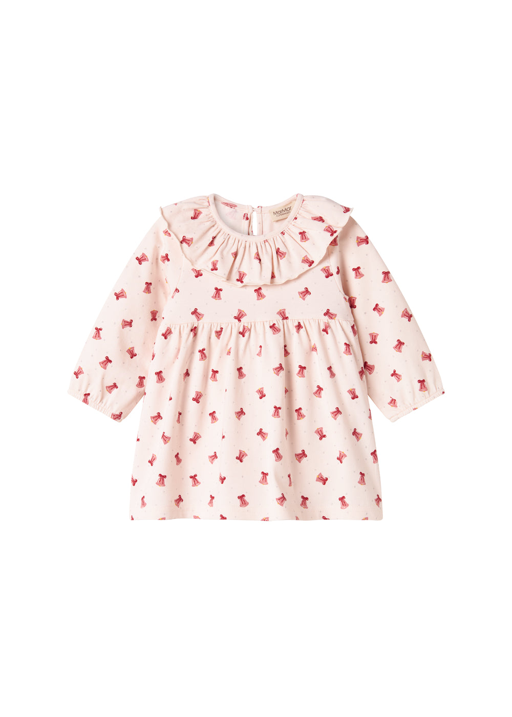 Cremefarvet kjole med røde juleklokker til baby