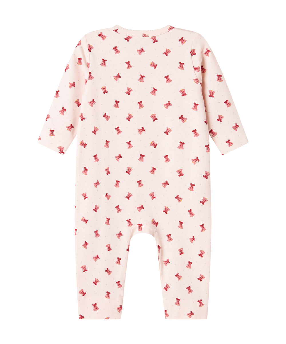 Cremefarvet heldragt med røde juleklokker til baby
