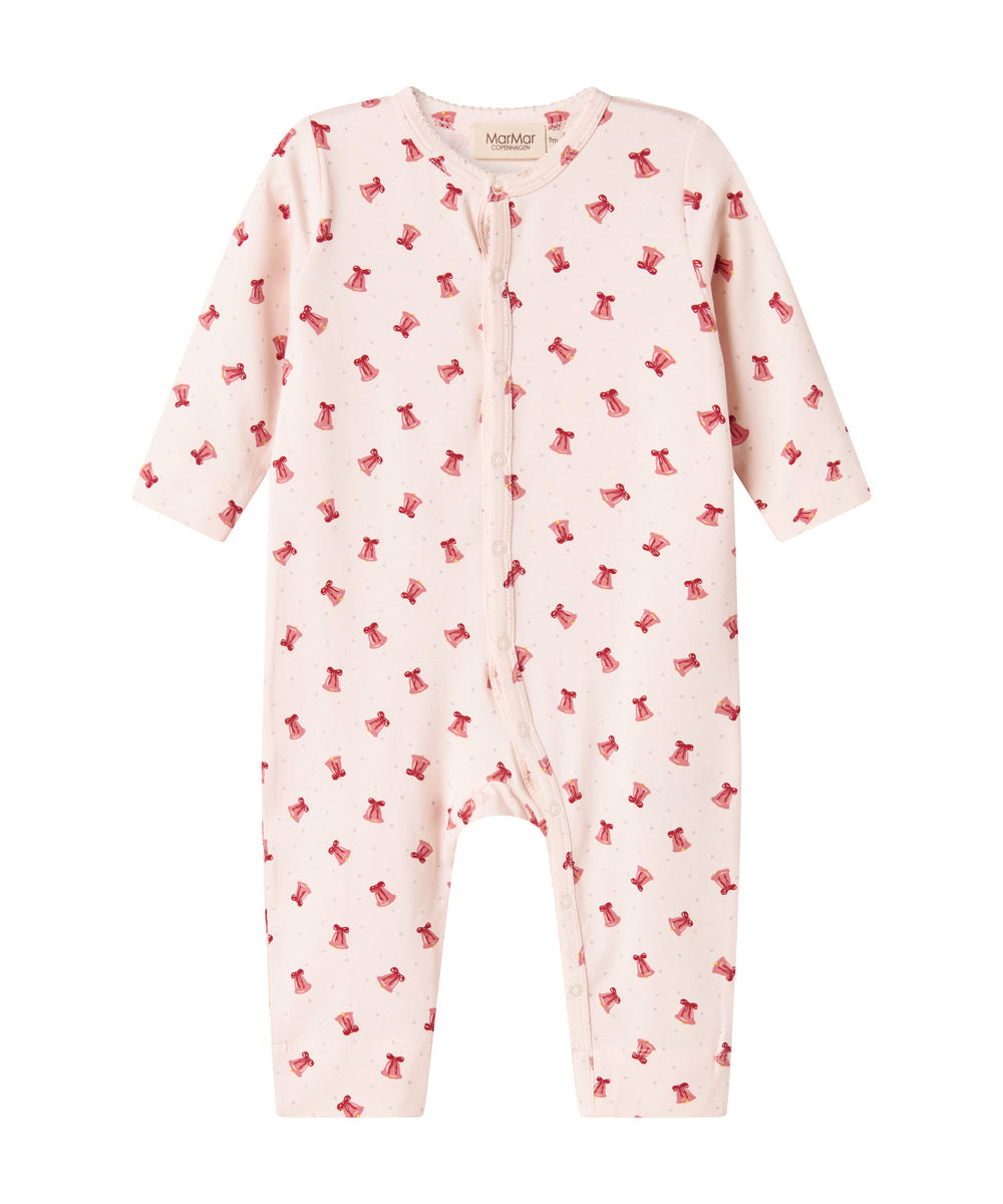 Cremefarvet heldragt med røde juleklokker til baby