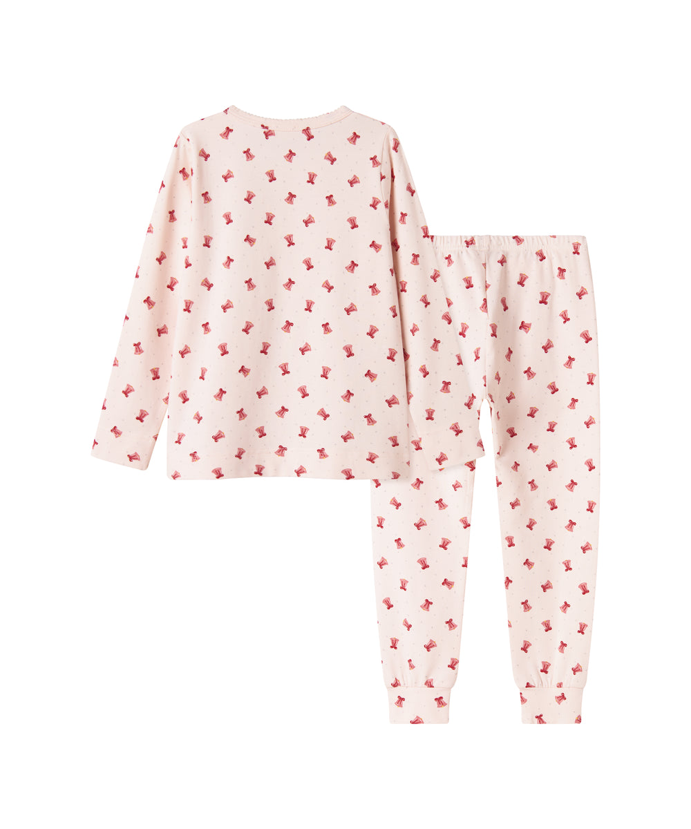 Cremefarvet julepyjamas med mønster af røde juleklokker til børn