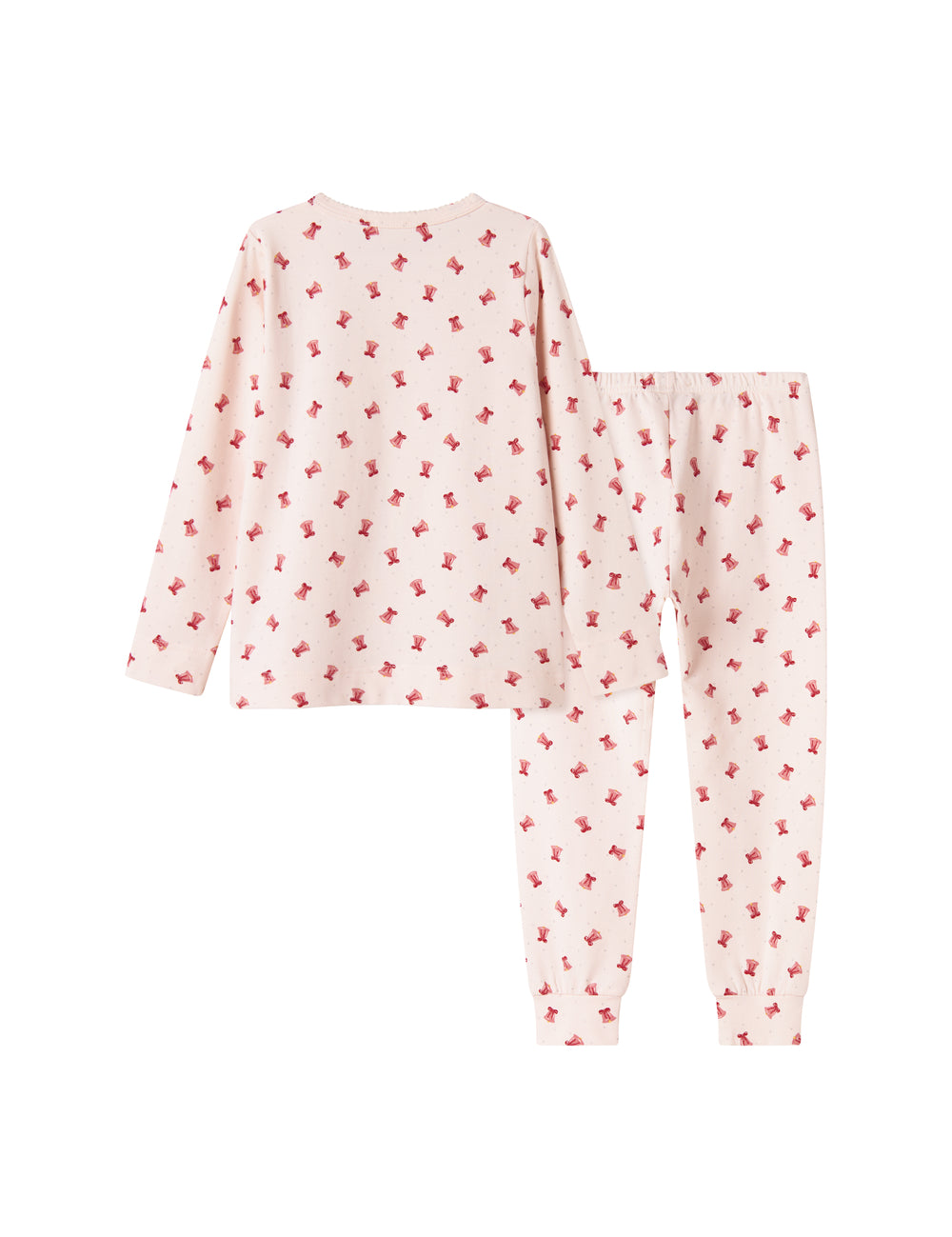 Cremefarvet julepyjamas med mønster af røde juleklokker til børn