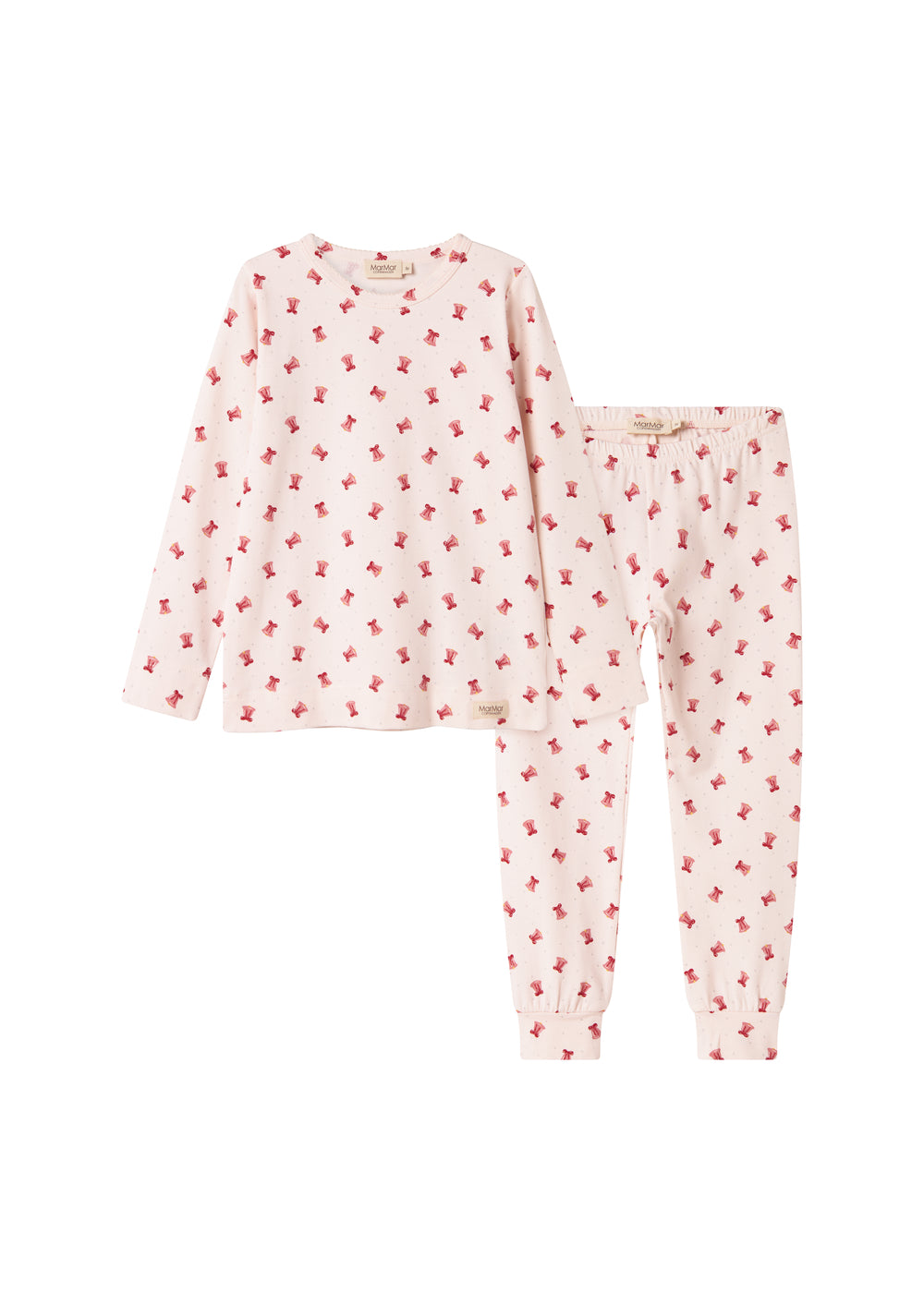 Cremefarvet julepyjamas med mønster af røde juleklokker til børn