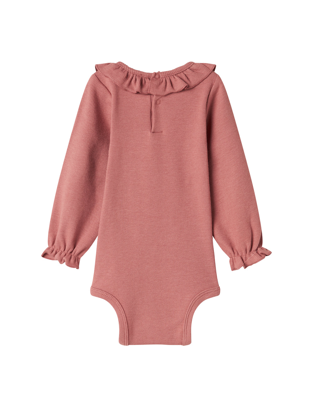 Støvet rosa ribstrikket babybody med flæsekrave og lange ærmer