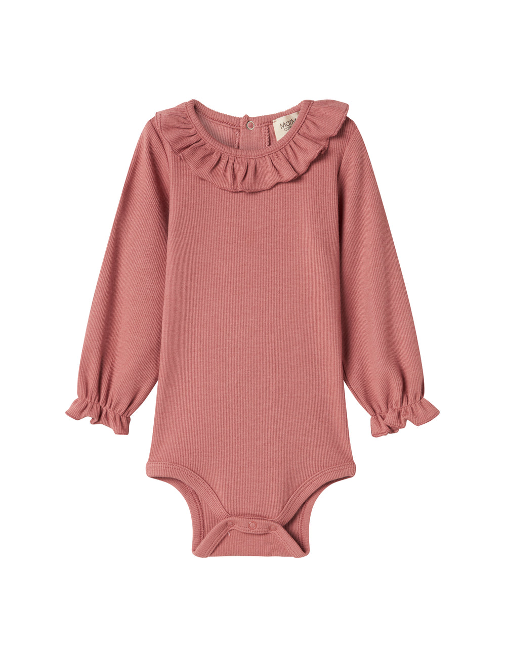 Dusty pink ribbed baby bodysuit with ruffle collar and long sleeves