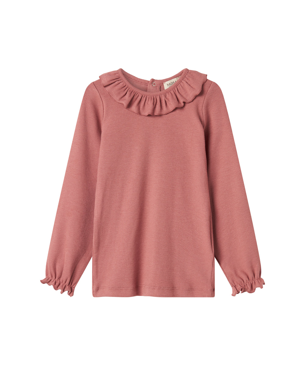 Støvet rosa bluse med flæsekrave og lange ærmer til børn