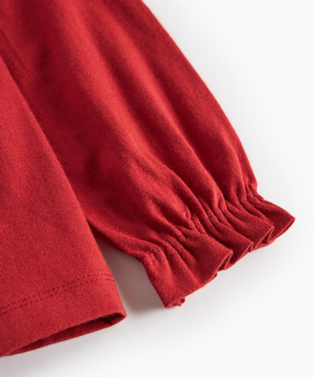 Rød julebluse med flæser til børn