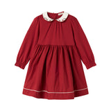 Rød julekjole med hvid krave og fine blomsterbroderier til børn