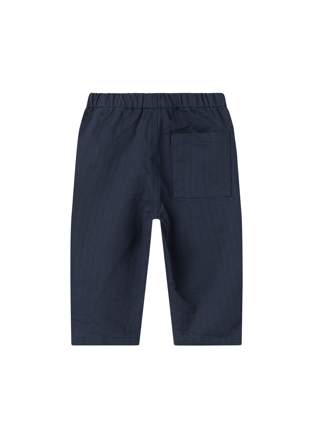 Mørkeblå bukser med elastisk talje og bindebånd i blødt stof til baby