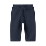 Mørkeblå bukser med elastisk talje og bindebånd i blødt stof til baby