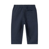 Mørkeblå bukser med elastisk talje og bindebånd i blødt stof til baby