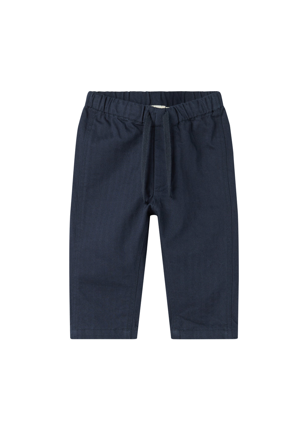 Mørkeblå bukser med elastisk talje og bindebånd i blødt stof til baby