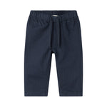 Mørkeblå bukser med elastisk talje og bindebånd i blødt stof til baby