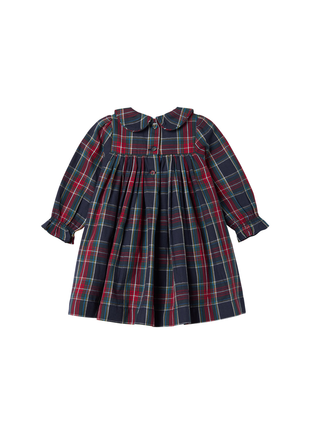 Mørkeblå og rød ternet julekjole med krave og lange ærmer til baby