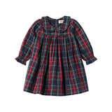 Mørkeblå og rød ternet julekjole med krave og lange ærmer til baby