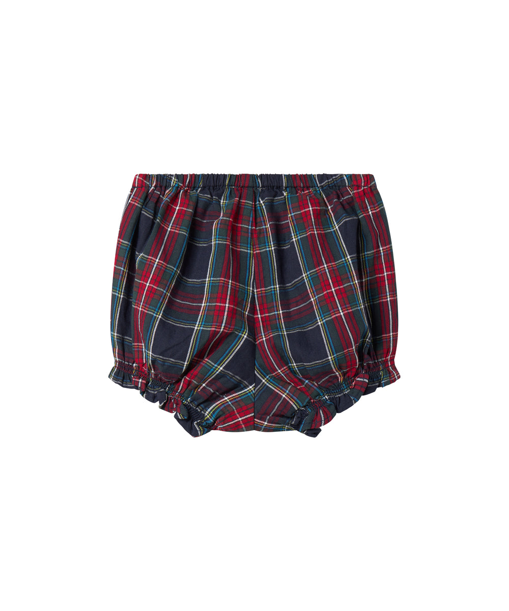 Mørkeblå og rød ternede bloomers med elastisk talje og benåbninger til baby