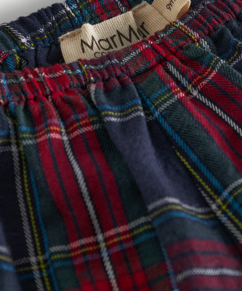 Mørkeblå og rød ternede bloomers med elastisk talje og benåbninger til baby