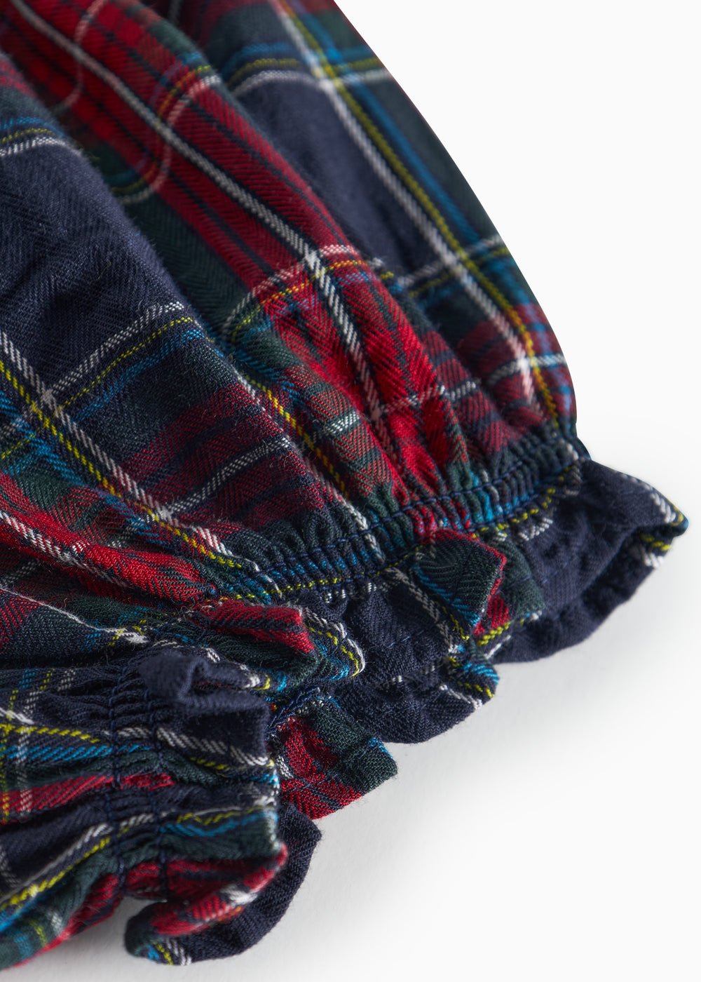 Mørkeblå og rød ternede bloomers med elastisk talje og benåbninger til baby