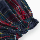 Mørkeblå og rød ternede bloomers med elastisk talje og benåbninger til baby