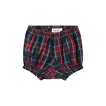 Mørkeblå og rød ternede bloomers med elastisk talje og benåbninger til baby