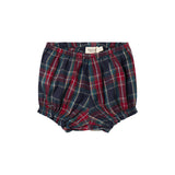 Mørkeblå og rød ternede bloomers med elastisk talje og benåbninger til baby