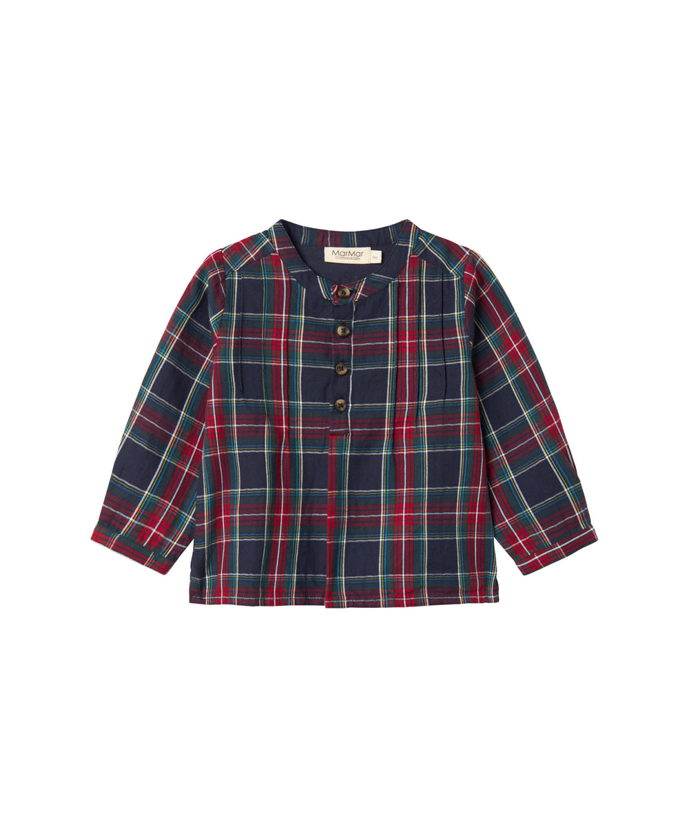 Mørkeblå og rød ternet juleskjorte med knapper og rund hals til baby