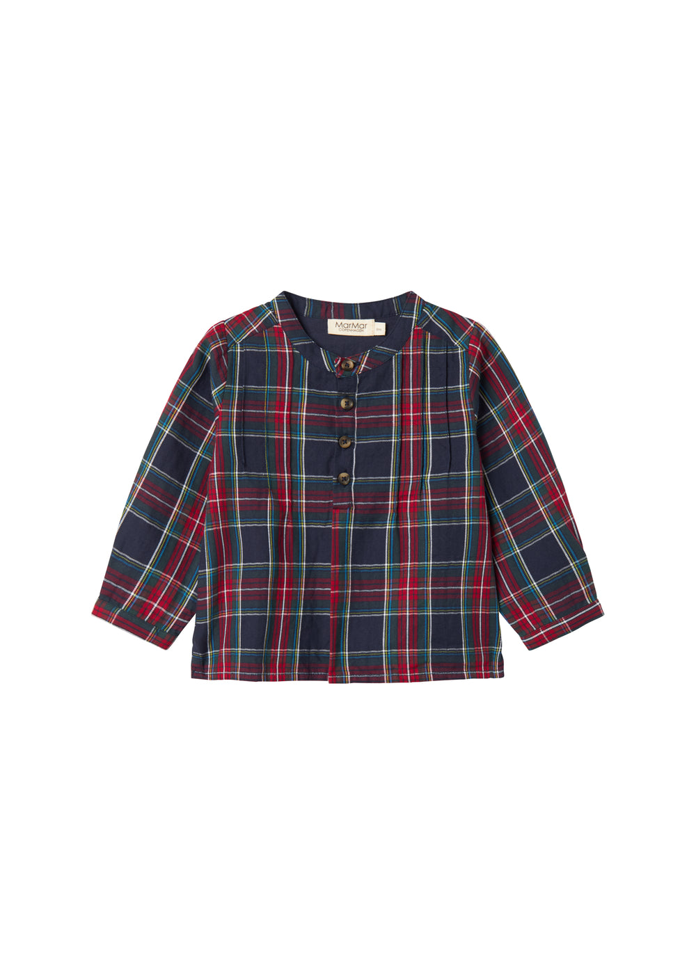 Mørkeblå og rød ternet juleskjorte med knapper og rund hals til baby