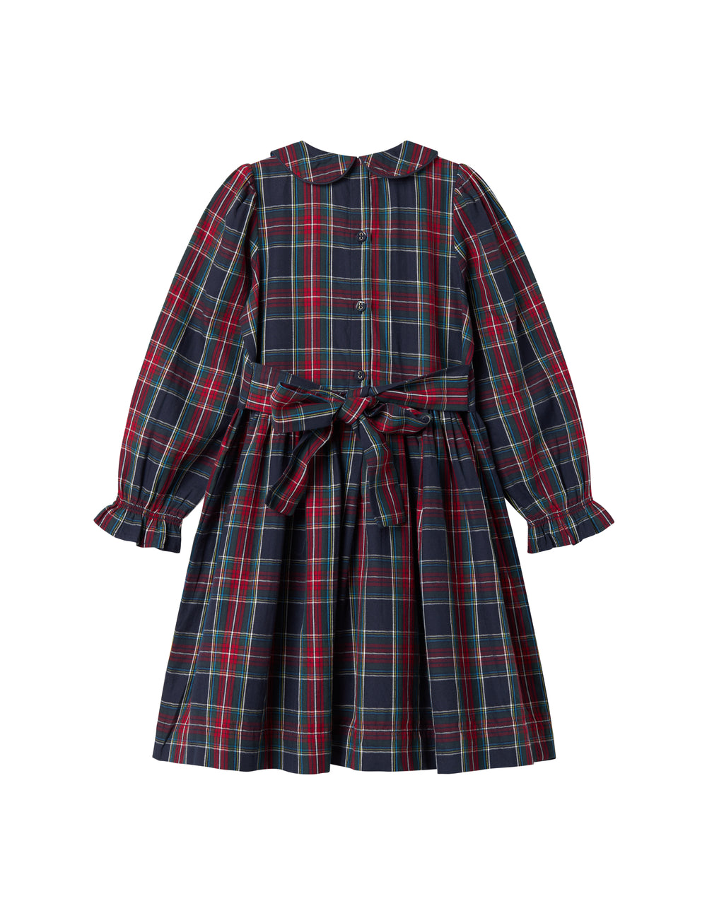 Mørkeblå grøn og rød ternet julekjole med krave og lange ærmer til børn