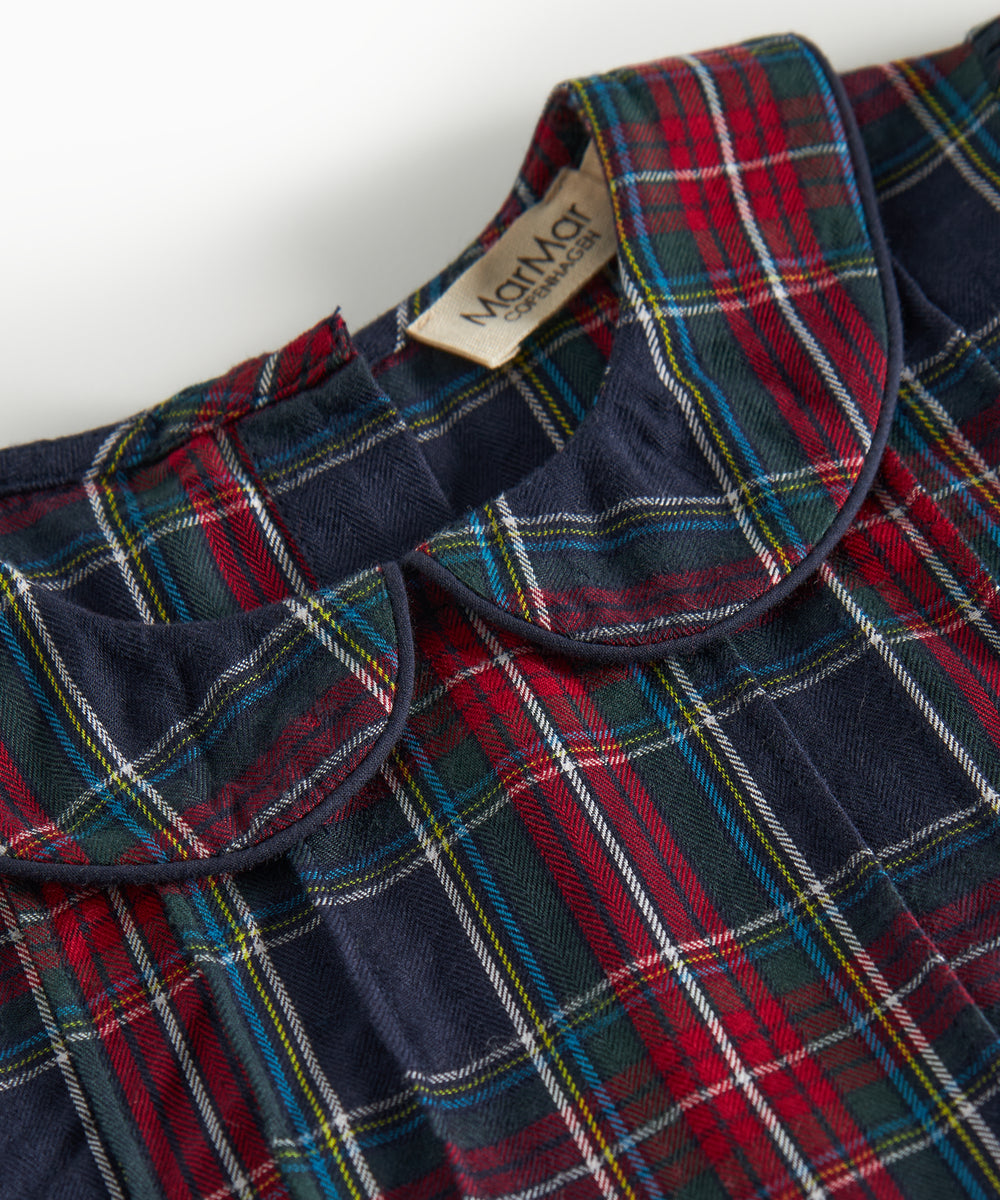 Mørkeblå grøn og rød ternet julekjole med krave og lange ærmer til børn