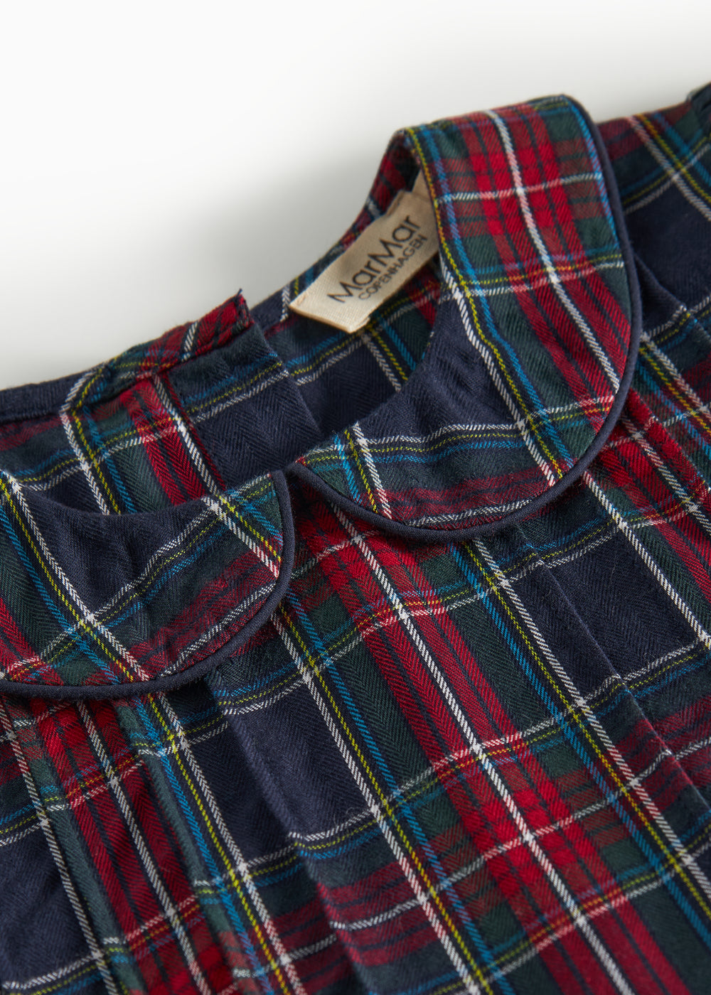 Mørkeblå grøn og rød ternet julekjole med krave og lange ærmer til børn