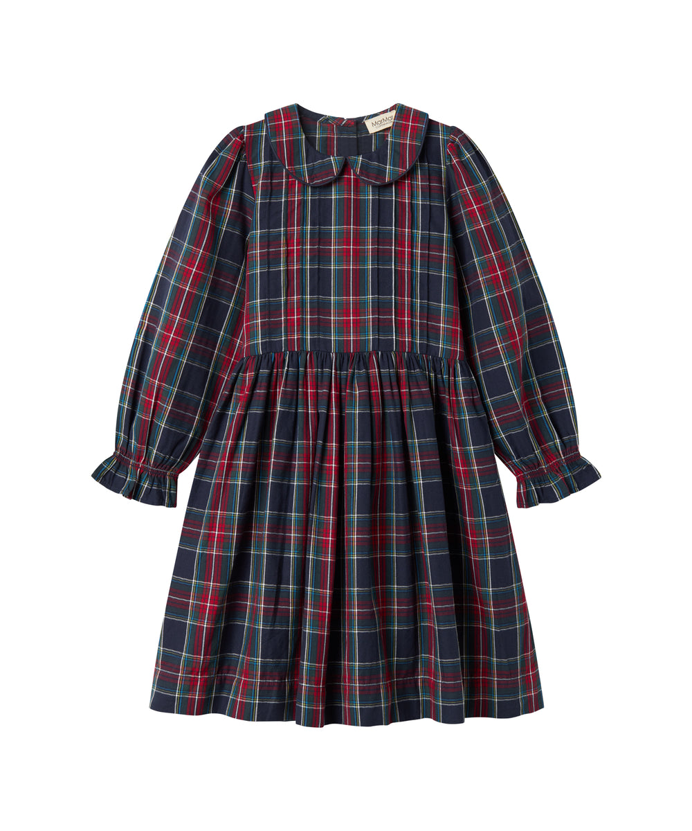 Mørkeblå grøn og rød ternet julekjole med krave og lange ærmer til børn