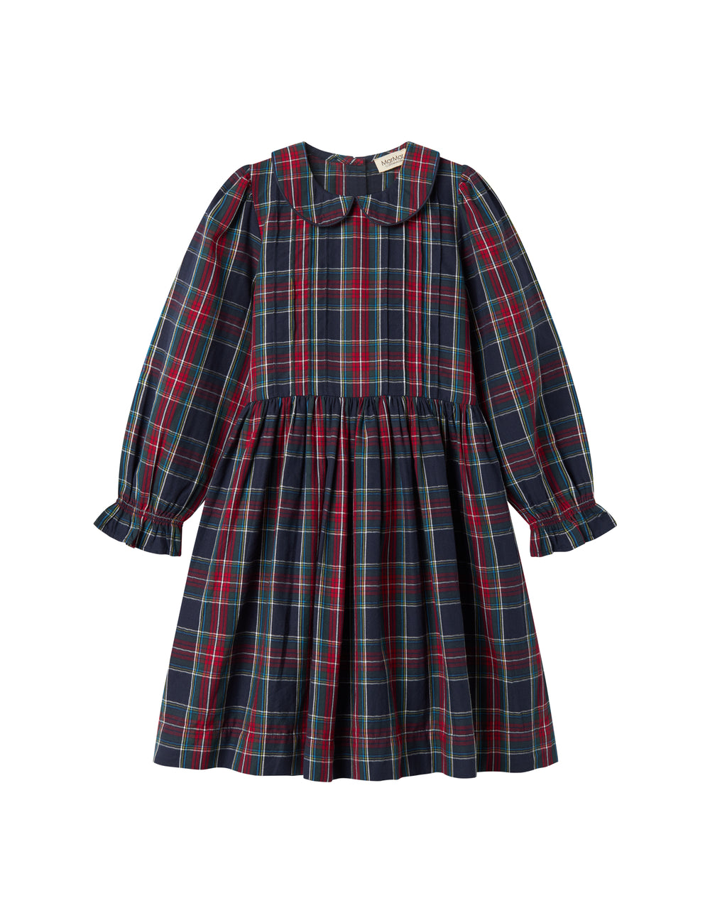 Mørkeblå grøn og rød ternet julekjole med krave og lange ærmer til børn