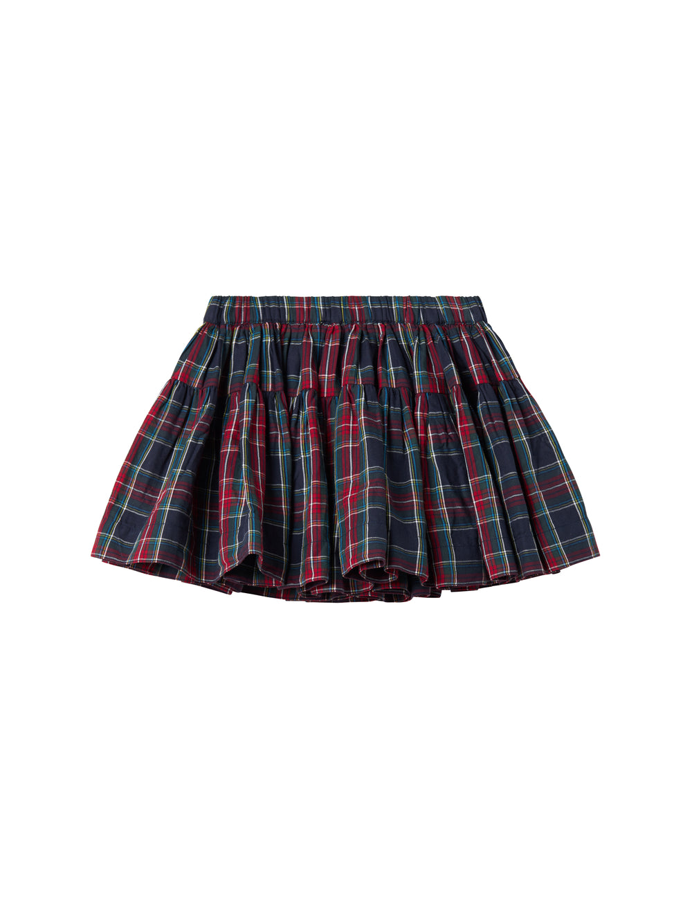 Mørkeblåt grønt og rødt ternet julenederdel med elastisk talje til børn