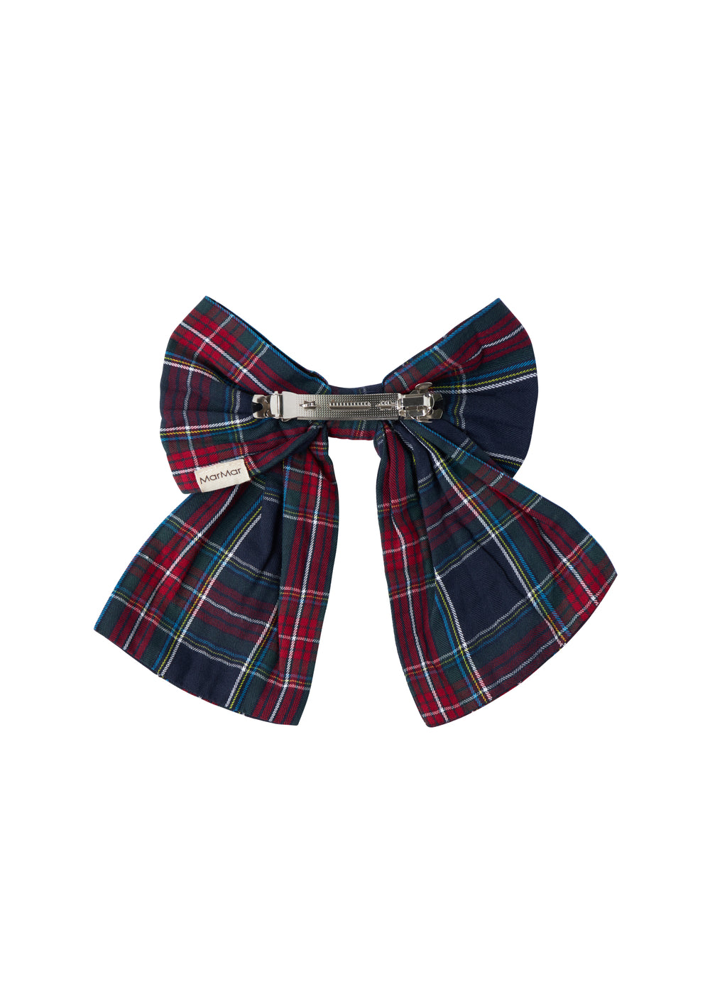 Ternet sløjfspænde i mørkeblå og rød ternet mønster med juleinspiration til børn