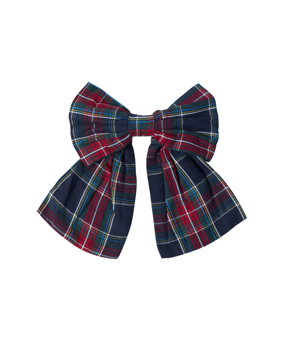 Ternet sløjfspænde i mørkeblå og rød ternet mønster med juleinspiration til børn