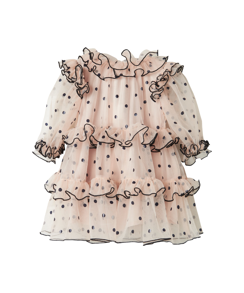 Lyserød julekjole i tyl med sorte prikker og flæser til baby