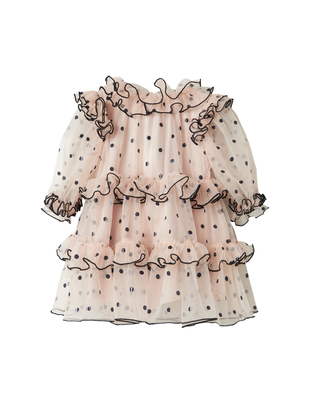 Lyserød julekjole i tyl med sorte prikker og flæser til baby