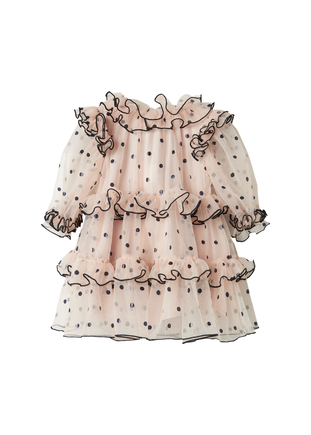 Lyserød julekjole i tyl med sorte prikker og flæser til baby